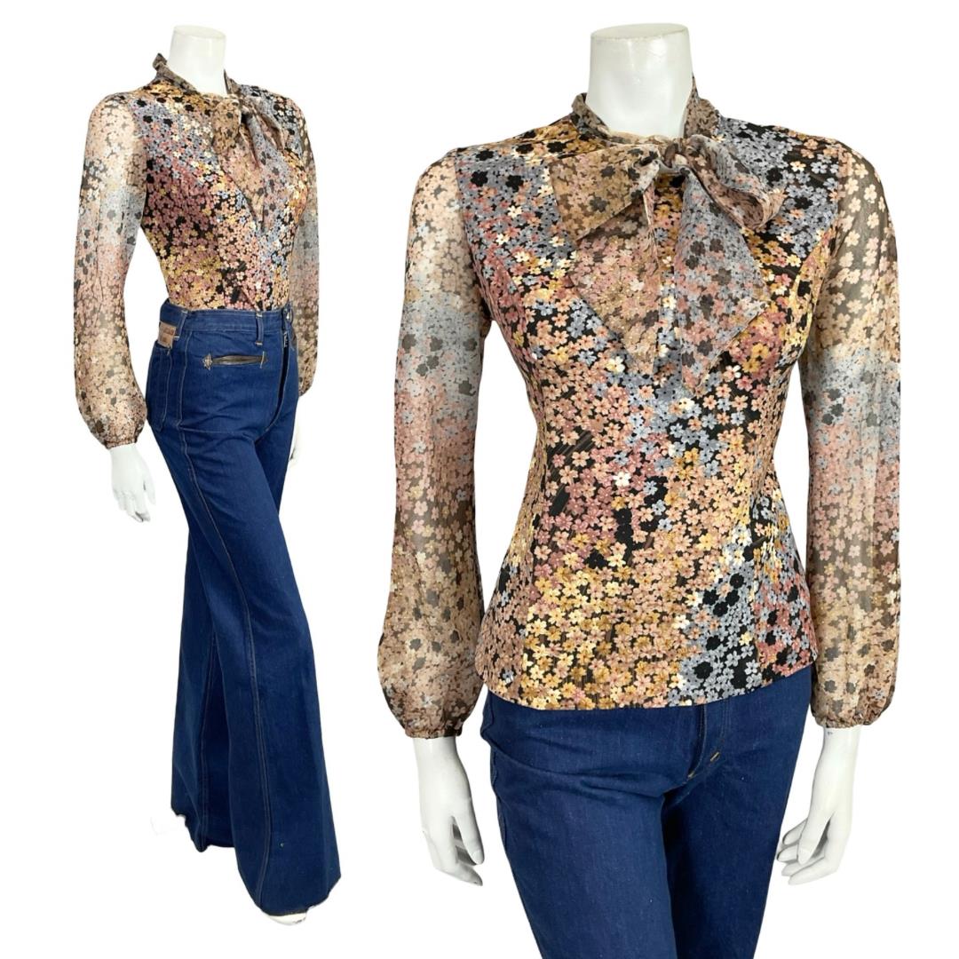 VTG 60S 70S BLACK GREY BROWN CREAM PUSSYBOW FLORAL MESH BLOUSE TOP 12 14 M