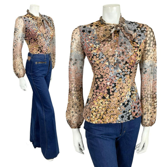 VTG 60S 70S BLACK GREY BROWN CREAM PUSSYBOW FLORAL MESH BLOUSE TOP 12 14 M