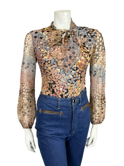 VTG 60S 70S BLACK GREY BROWN CREAM PUSSYBOW FLORAL MESH BLOUSE TOP 12 14 M