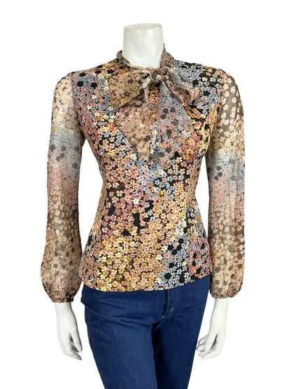 VTG 60S 70S BLACK GREY BROWN CREAM PUSSYBOW FLORAL MESH BLOUSE TOP 12 14 M