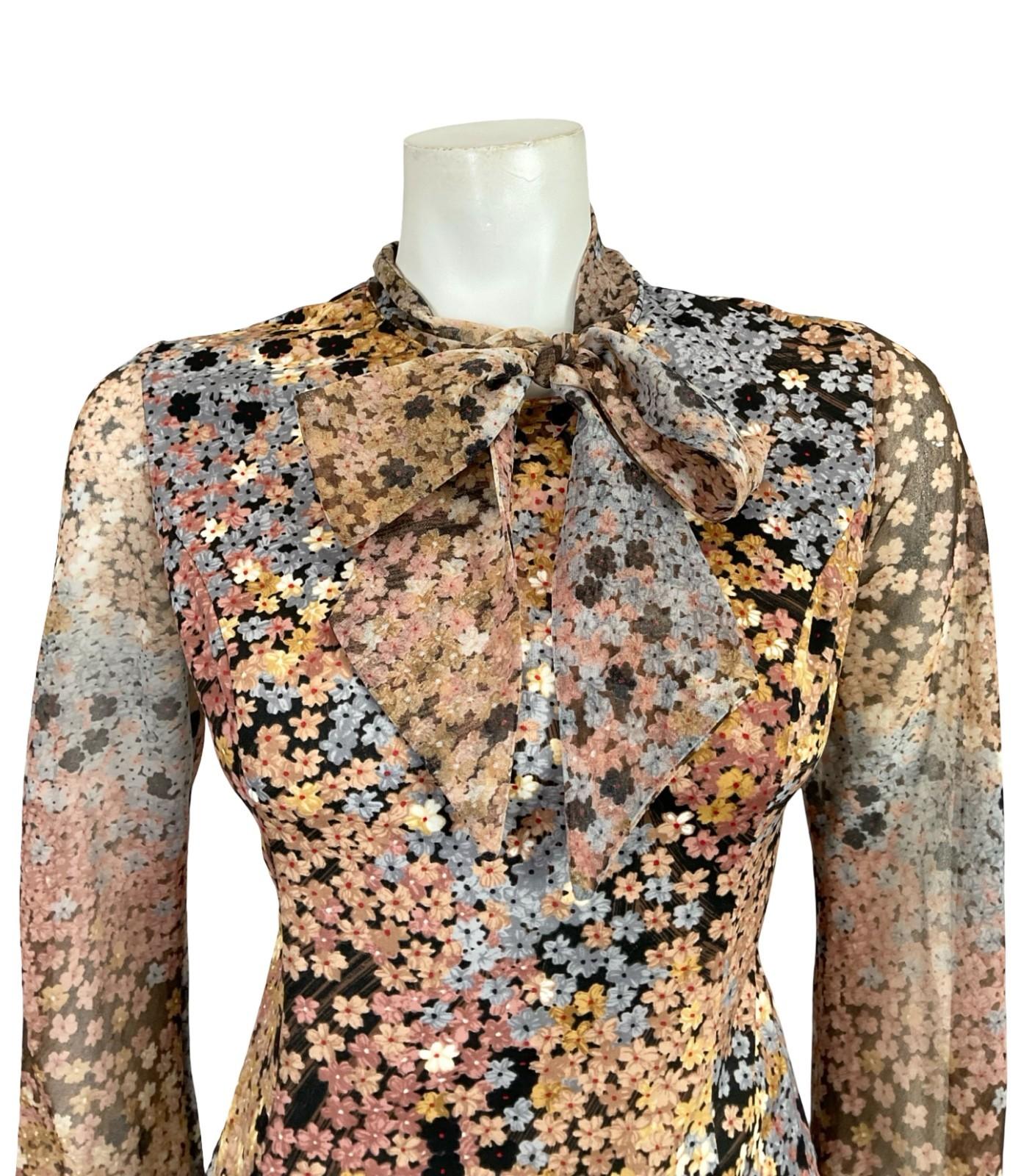 VTG 60S 70S BLACK GREY BROWN CREAM PUSSYBOW FLORAL MESH BLOUSE TOP 12 14 M