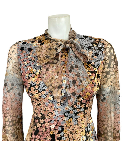 VTG 60S 70S BLACK GREY BROWN CREAM PUSSYBOW FLORAL MESH BLOUSE TOP 12 14 M