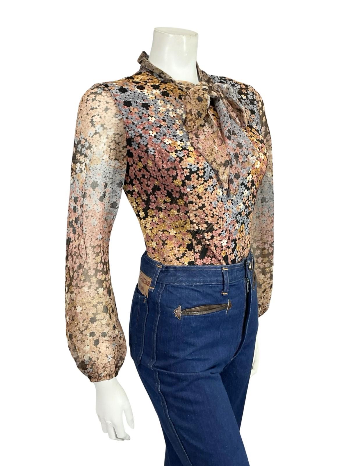 VTG 60S 70S BLACK GREY BROWN CREAM PUSSYBOW FLORAL MESH BLOUSE TOP 12 14 M