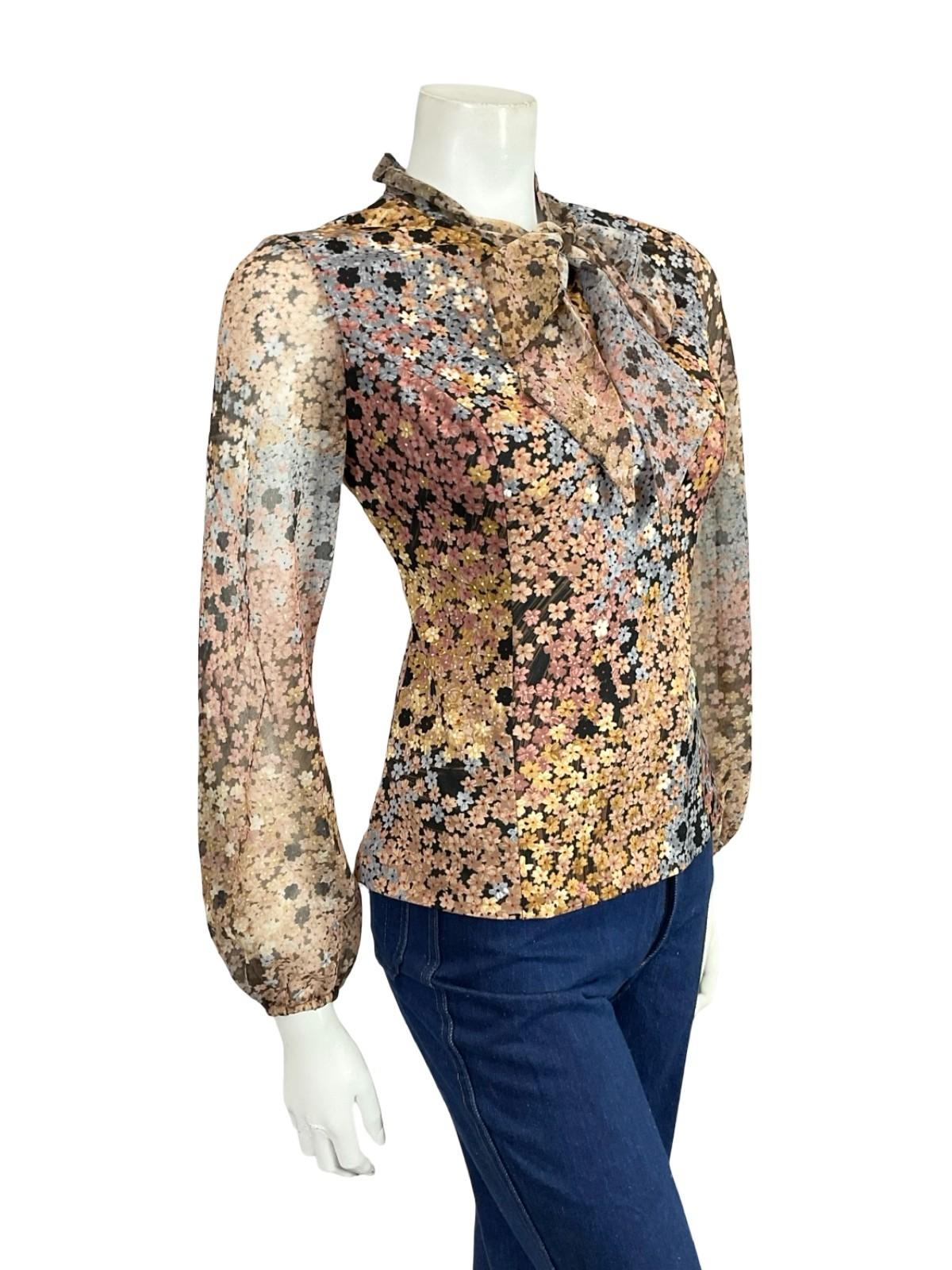 VTG 60S 70S BLACK GREY BROWN CREAM PUSSYBOW FLORAL MESH BLOUSE TOP 12 14 M
