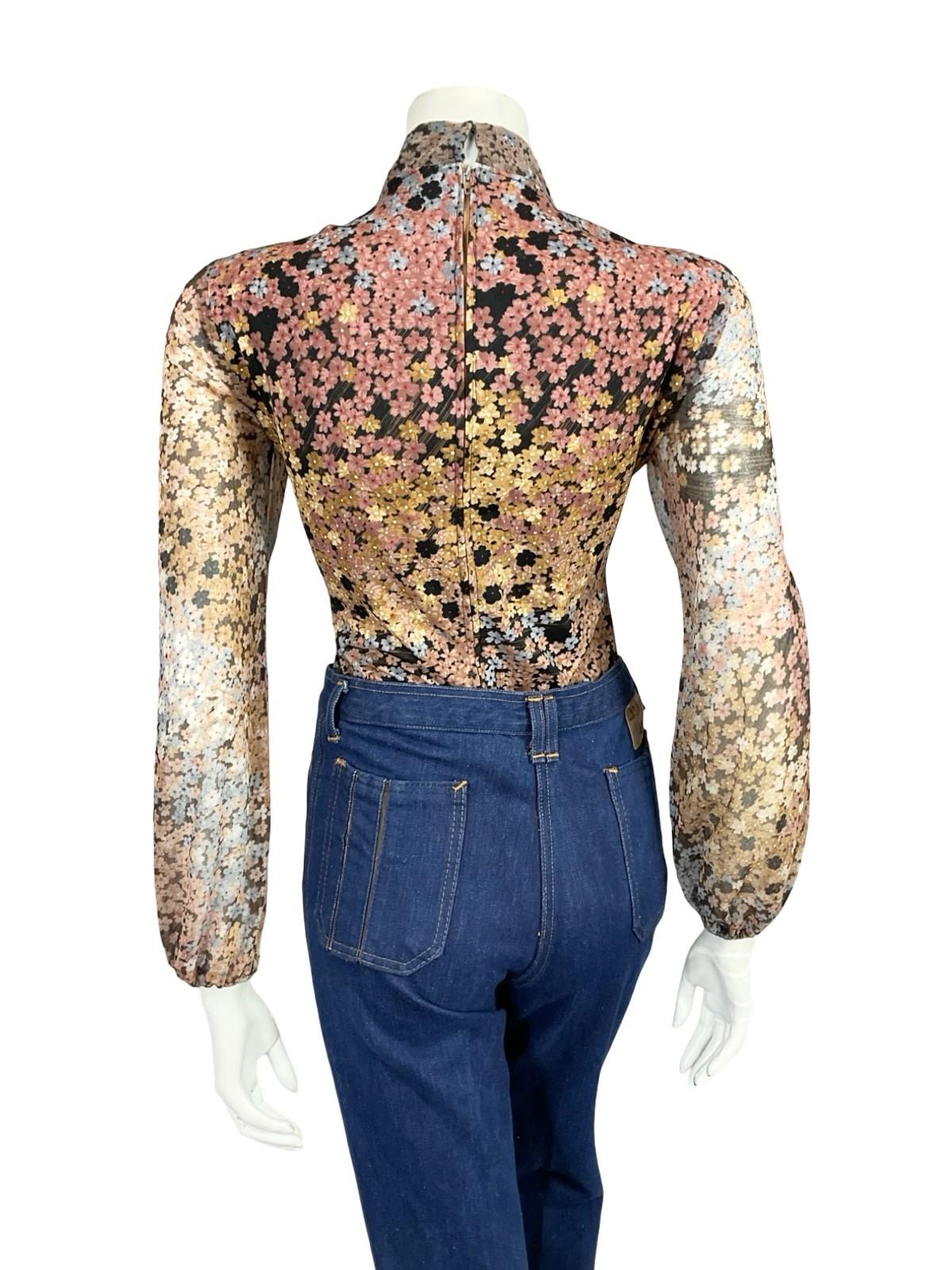 VTG 60S 70S BLACK GREY BROWN CREAM PUSSYBOW FLORAL MESH BLOUSE TOP 12 14 M