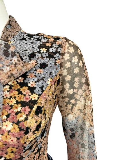 VTG 60S 70S BLACK GREY BROWN CREAM PUSSYBOW FLORAL MESH BLOUSE TOP 12 14 M