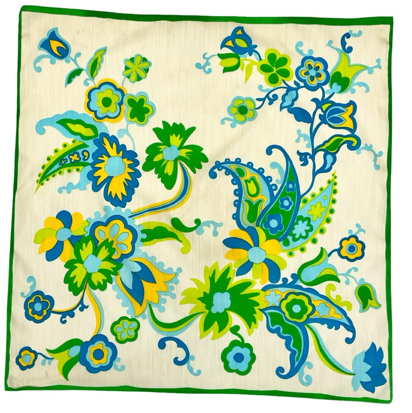 VTG 60S 70S CREAM BLUE GREEN YELLOW FLORAL PAISLEY PSYCHEDELIC SCARF
