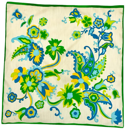 VTG 60S 70S CREAM BLUE GREEN YELLOW FLORAL PAISLEY PSYCHEDELIC SCARF