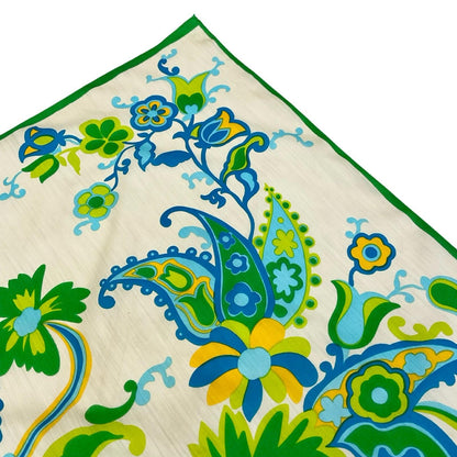 VTG 60S 70S CREAM BLUE GREEN YELLOW FLORAL PAISLEY PSYCHEDELIC SCARF