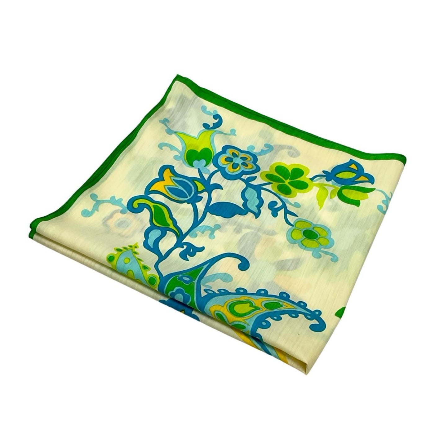 VTG 60S 70S CREAM BLUE GREEN YELLOW FLORAL PAISLEY PSYCHEDELIC SCARF