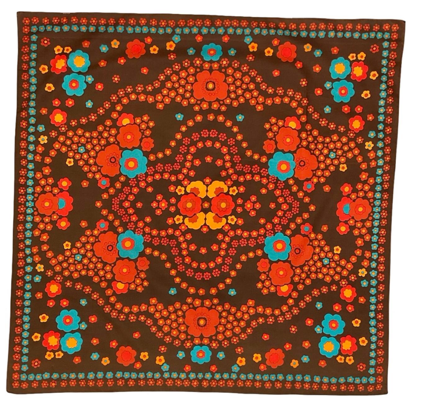 VTG 60S 70S BROWN RED BLUE YELLOW FLORAL MOD PSYCHEDELIC SCARF