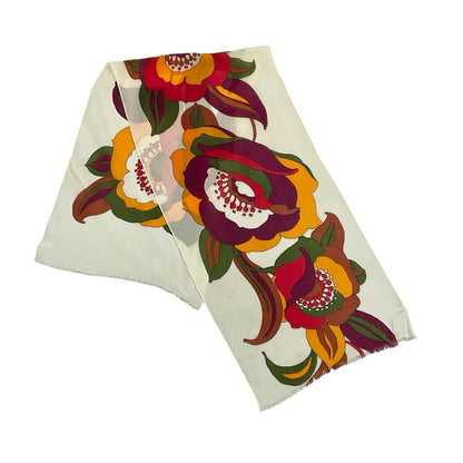VTG 60S 70S CREAM PLUM RED YELLOW GREEN FLORAL PSYCHEDELIC SILK SCARF