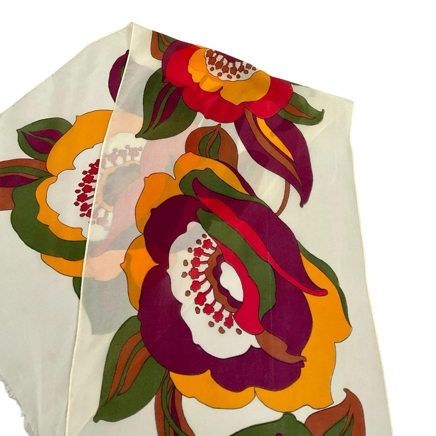 VTG 60S 70S CREAM PLUM RED YELLOW GREEN FLORAL PSYCHEDELIC SILK SCARF