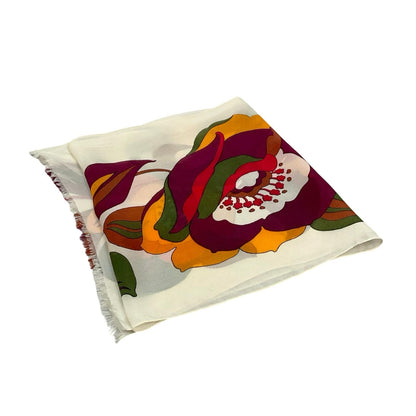 VTG 60S 70S CREAM PLUM RED YELLOW GREEN FLORAL PSYCHEDELIC SILK SCARF