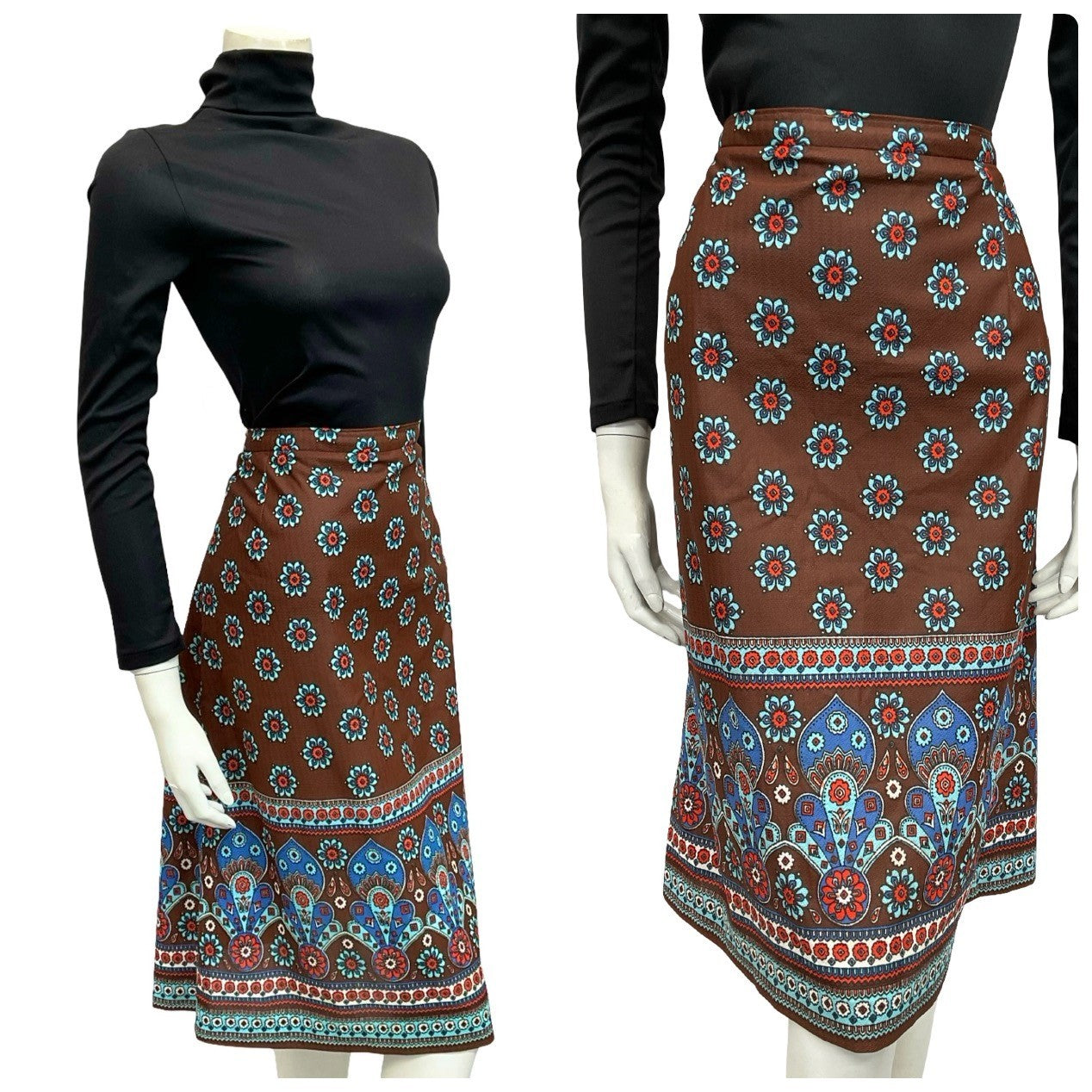 VTG 60S 70S BROWN BLUE FLORAL MANDALA BOHO PSYCHEDELIC MIDI SKIRT 12