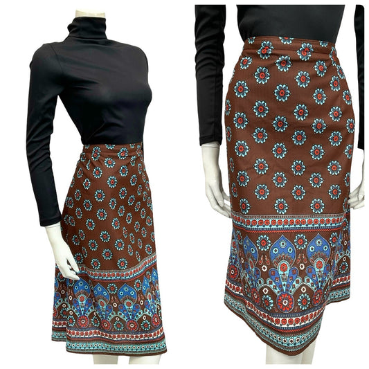 VTG 60S 70S BROWN BLUE FLORAL MANDALA BOHO PSYCHEDELIC MIDI SKIRT 12
