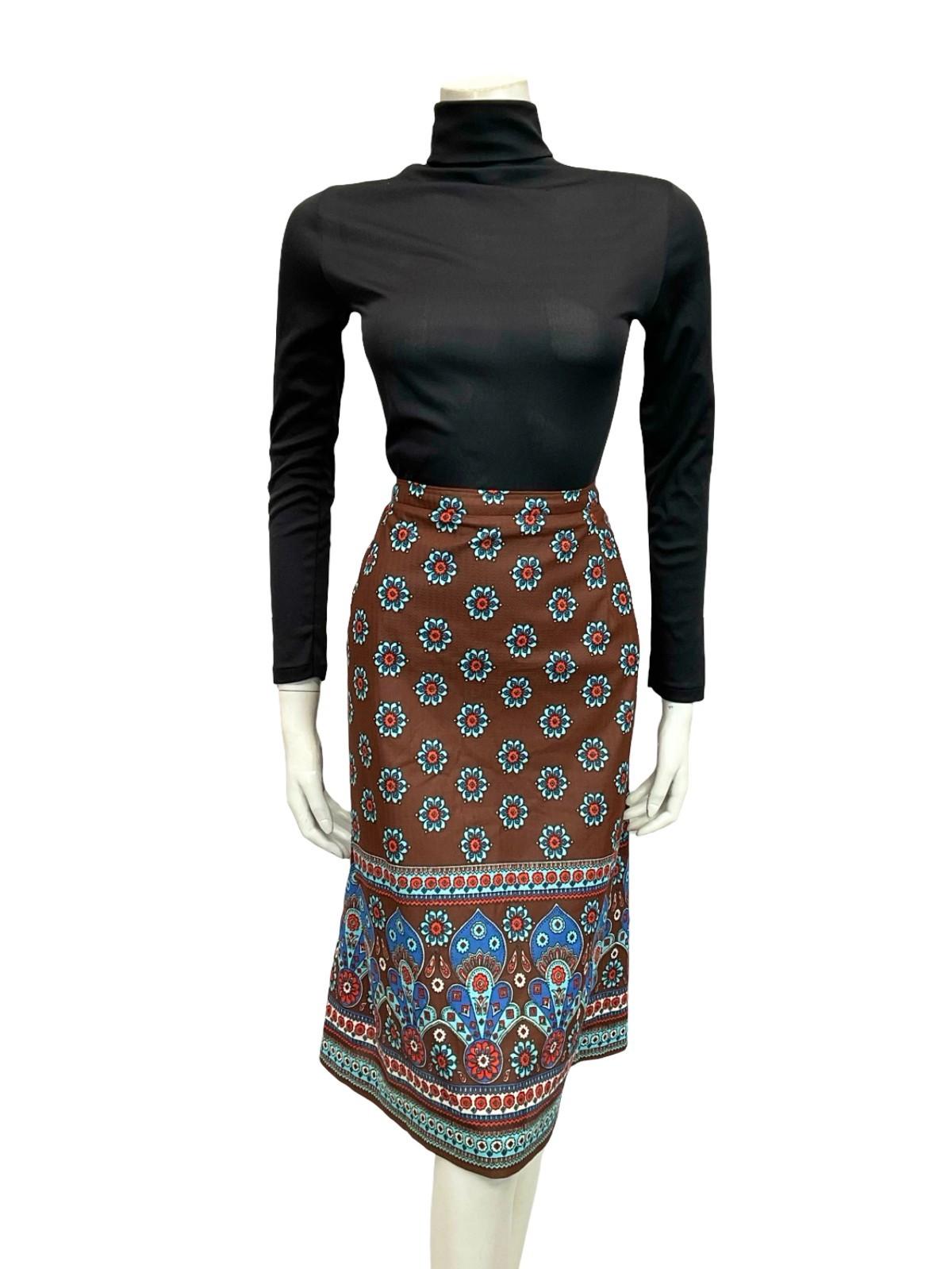 VTG 60S 70S BROWN BLUE FLORAL MANDALA BOHO PSYCHEDELIC MIDI SKIRT 12