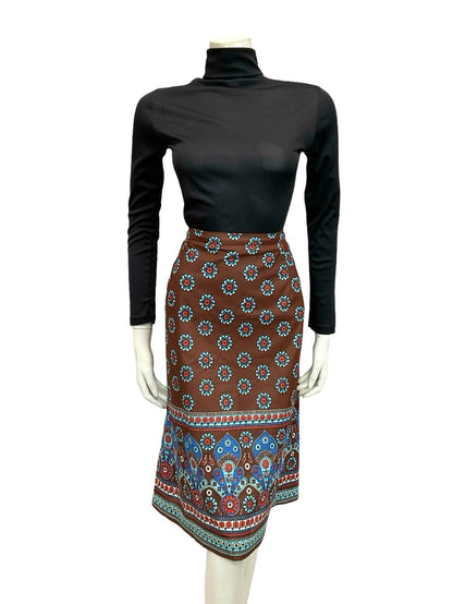VTG 60S 70S BROWN BLUE FLORAL MANDALA BOHO PSYCHEDELIC MIDI SKIRT 12