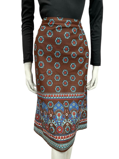 VTG 60S 70S BROWN BLUE FLORAL MANDALA BOHO PSYCHEDELIC MIDI SKIRT 12