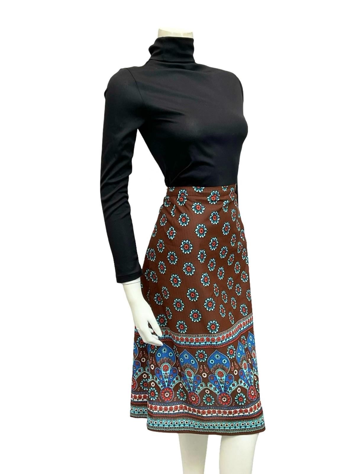 VTG 60S 70S BROWN BLUE FLORAL MANDALA BOHO PSYCHEDELIC MIDI SKIRT 12