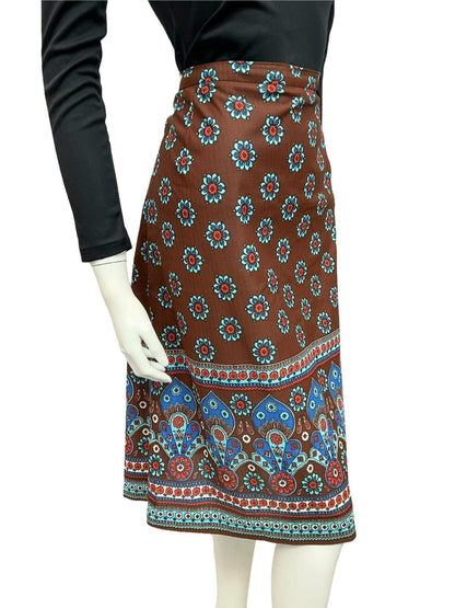 VTG 60S 70S BROWN BLUE FLORAL MANDALA BOHO PSYCHEDELIC MIDI SKIRT 12
