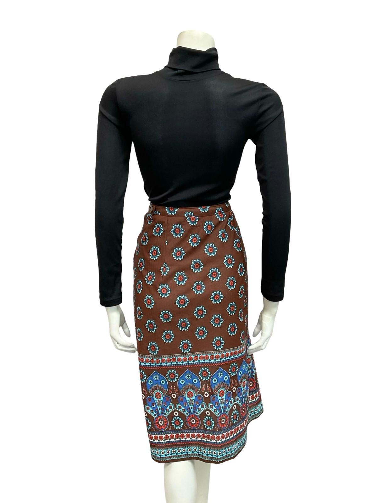 VTG 60S 70S BROWN BLUE FLORAL MANDALA BOHO PSYCHEDELIC MIDI SKIRT 12