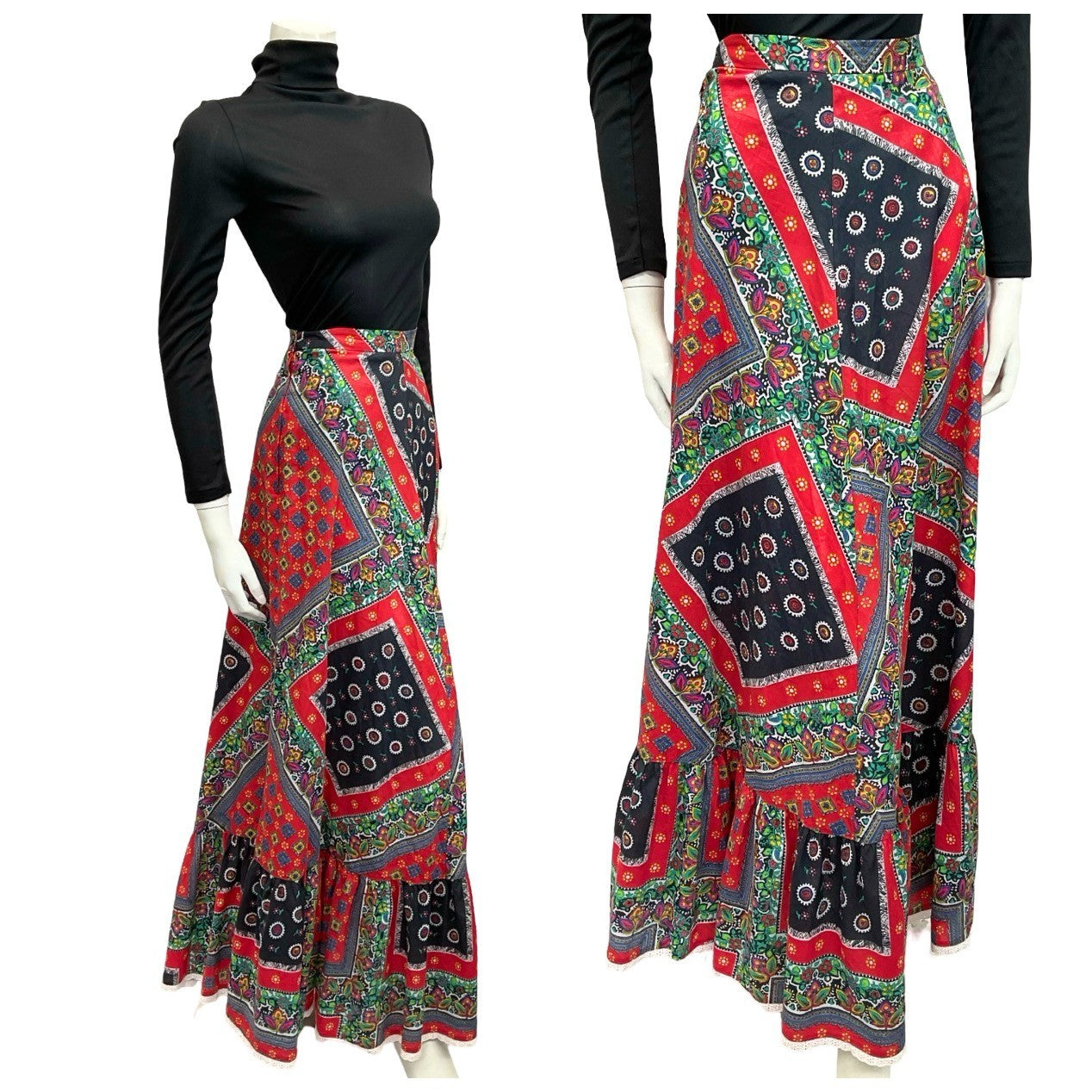 VTG 70S RED BLUE WHITE FLORAL FOLK PSYCHEDELIC PRINT FOLK RUFFLE MAXI SKIRT 10