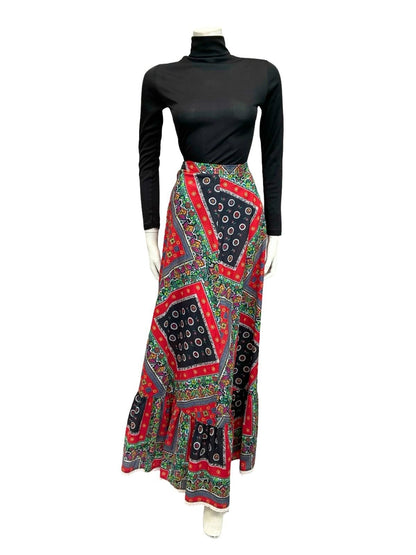 VTG 70S RED BLUE WHITE FLORAL FOLK PSYCHEDELIC PRINT FOLK RUFFLE MAXI SKIRT 10