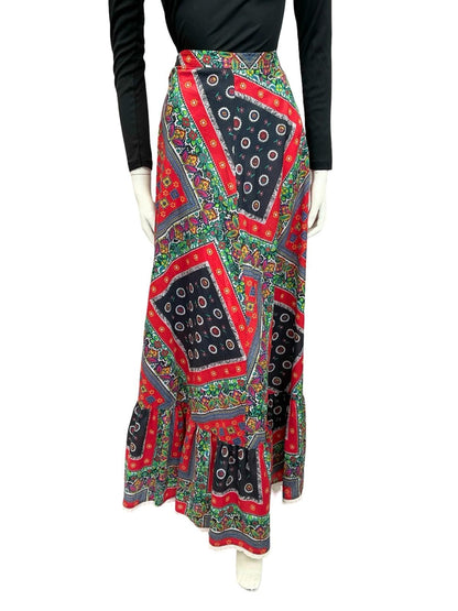 VTG 70S RED BLUE WHITE FLORAL FOLK PSYCHEDELIC PRINT FOLK RUFFLE MAXI SKIRT 10