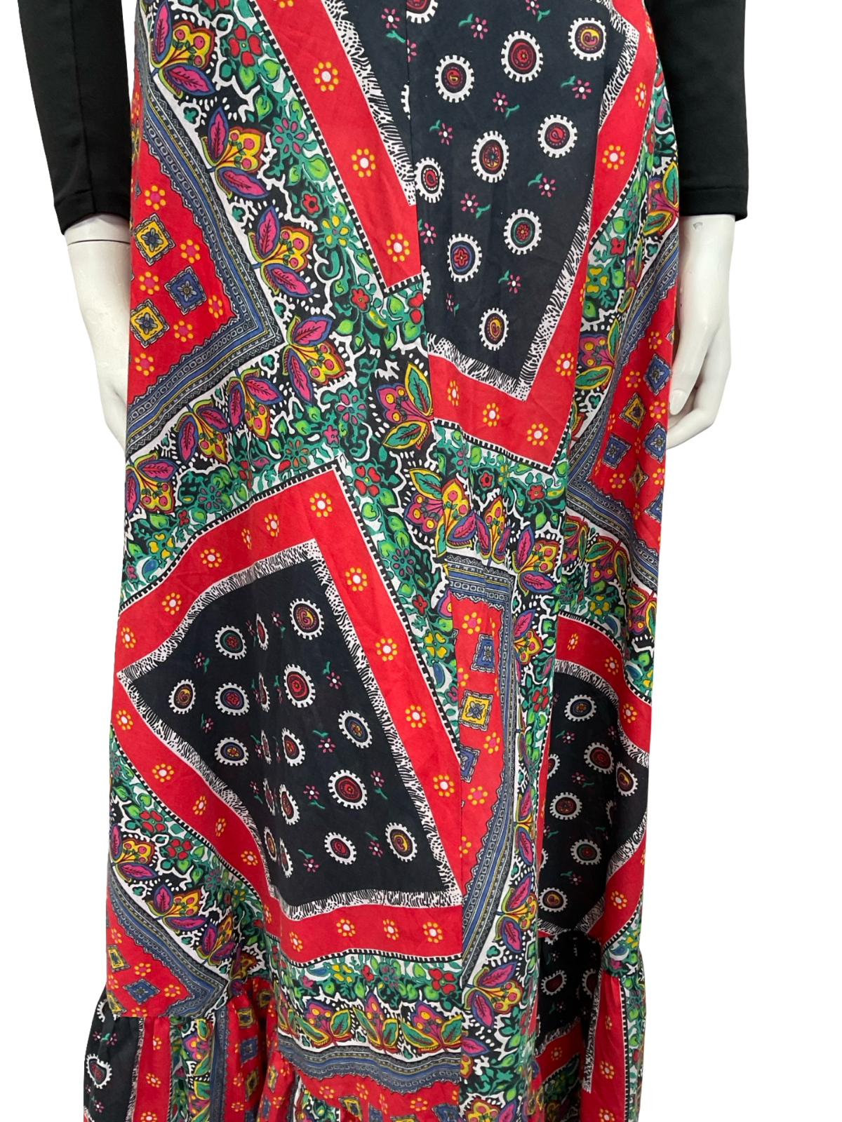 VTG 70S RED BLUE WHITE FLORAL FOLK PSYCHEDELIC PRINT FOLK RUFFLE MAXI SKIRT 10