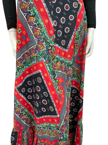 VTG 70S RED BLUE WHITE FLORAL FOLK PSYCHEDELIC PRINT FOLK RUFFLE MAXI SKIRT 10