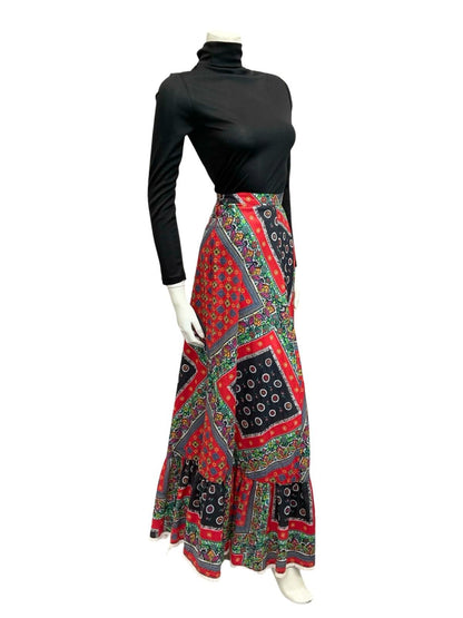 VTG 70S RED BLUE WHITE FLORAL FOLK PSYCHEDELIC PRINT FOLK RUFFLE MAXI SKIRT 10