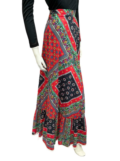 VTG 70S RED BLUE WHITE FLORAL FOLK PSYCHEDELIC PRINT FOLK RUFFLE MAXI SKIRT 10