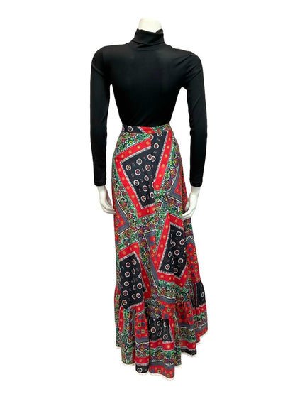 VTG 70S RED BLUE WHITE FLORAL FOLK PSYCHEDELIC PRINT FOLK RUFFLE MAXI SKIRT 10