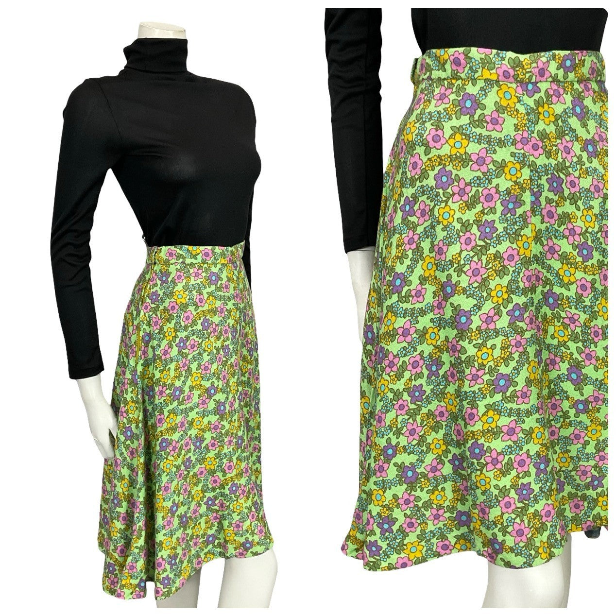 VTG 60S 70S MOD GREEN BLUE PURPLE PINK FLORAL A LINE MIDI SKIRT 8