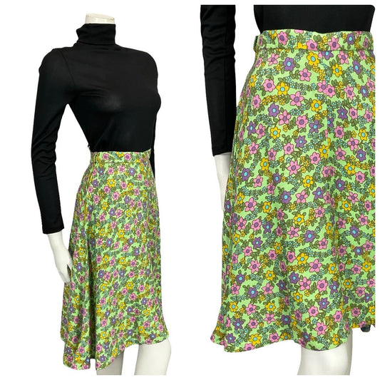 VTG 60S 70S MOD GREEN BLUE PURPLE PINK FLORAL A LINE MIDI SKIRT 8