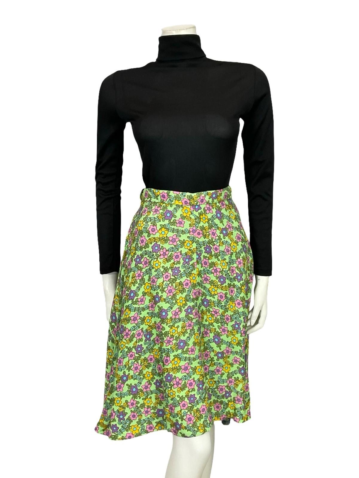 VTG 60S 70S MOD GREEN BLUE PURPLE PINK FLORAL A LINE MIDI SKIRT 8
