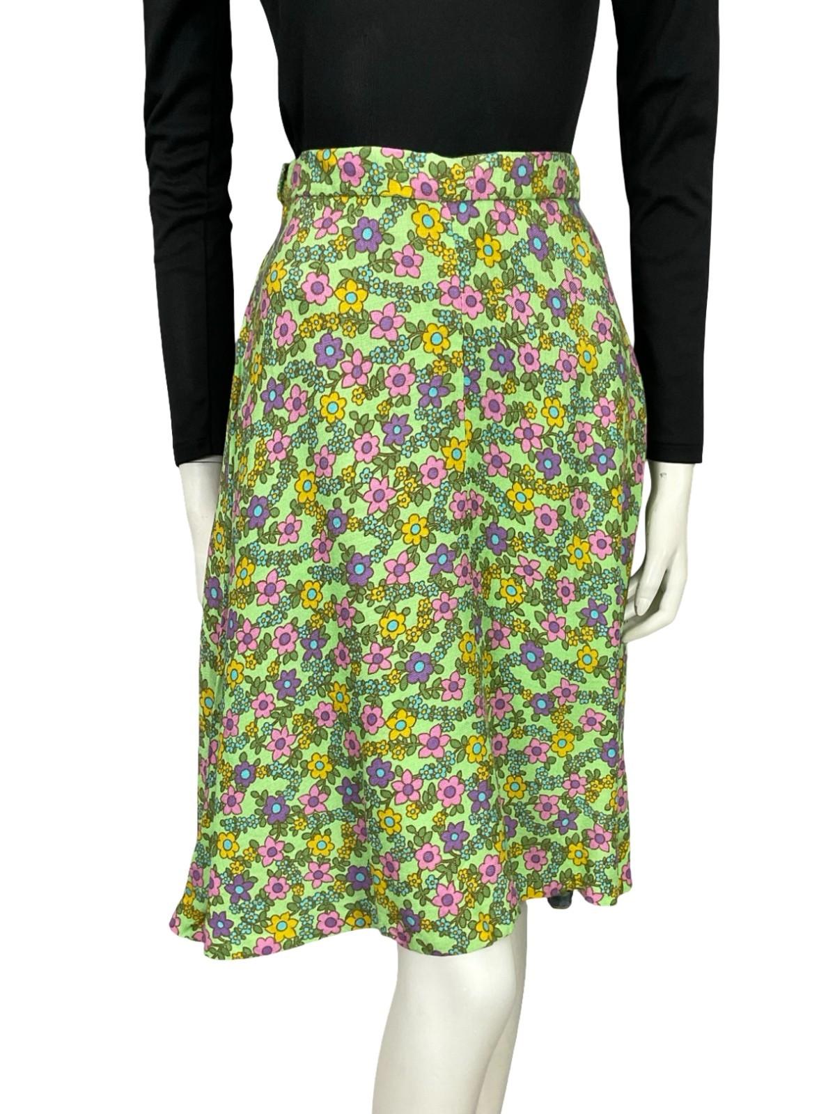 VTG 60S 70S MOD GREEN BLUE PURPLE PINK FLORAL A LINE MIDI SKIRT 8