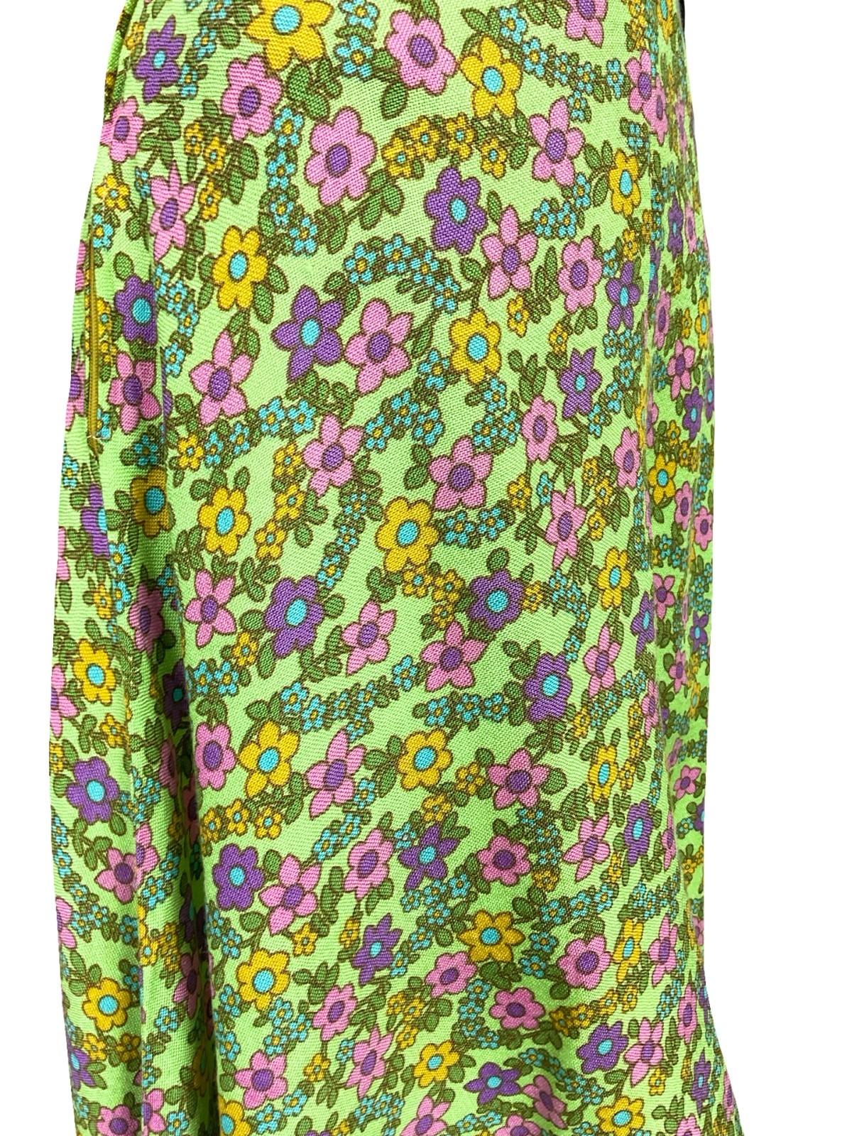 VTG 60S 70S MOD GREEN BLUE PURPLE PINK FLORAL A LINE MIDI SKIRT 8
