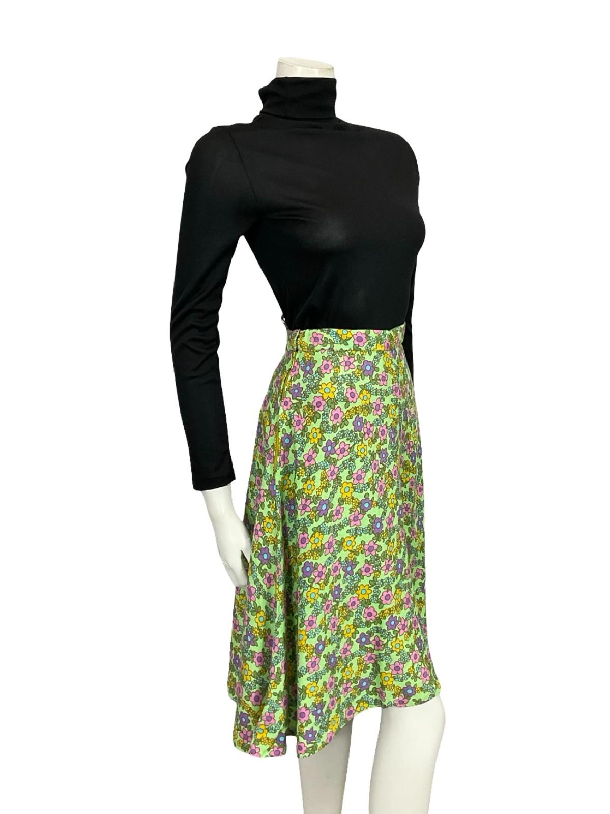 VTG 60S 70S MOD GREEN BLUE PURPLE PINK FLORAL A LINE MIDI SKIRT 8