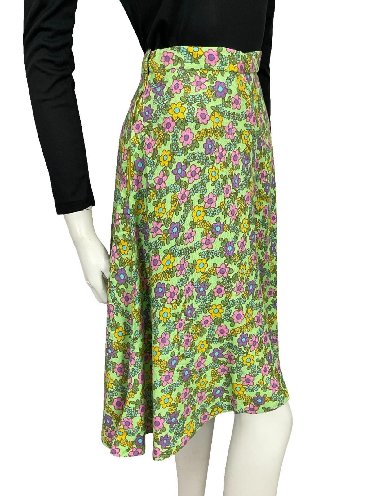 VTG 60S 70S MOD GREEN BLUE PURPLE PINK FLORAL A LINE MIDI SKIRT 8