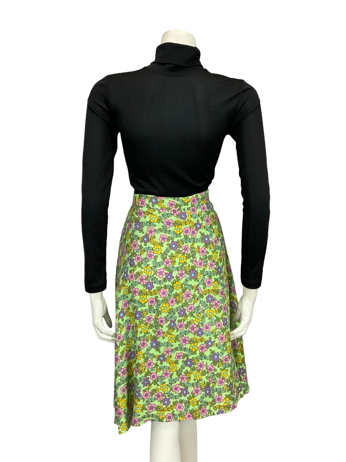 VTG 60S 70S MOD GREEN BLUE PURPLE PINK FLORAL A LINE MIDI SKIRT 8