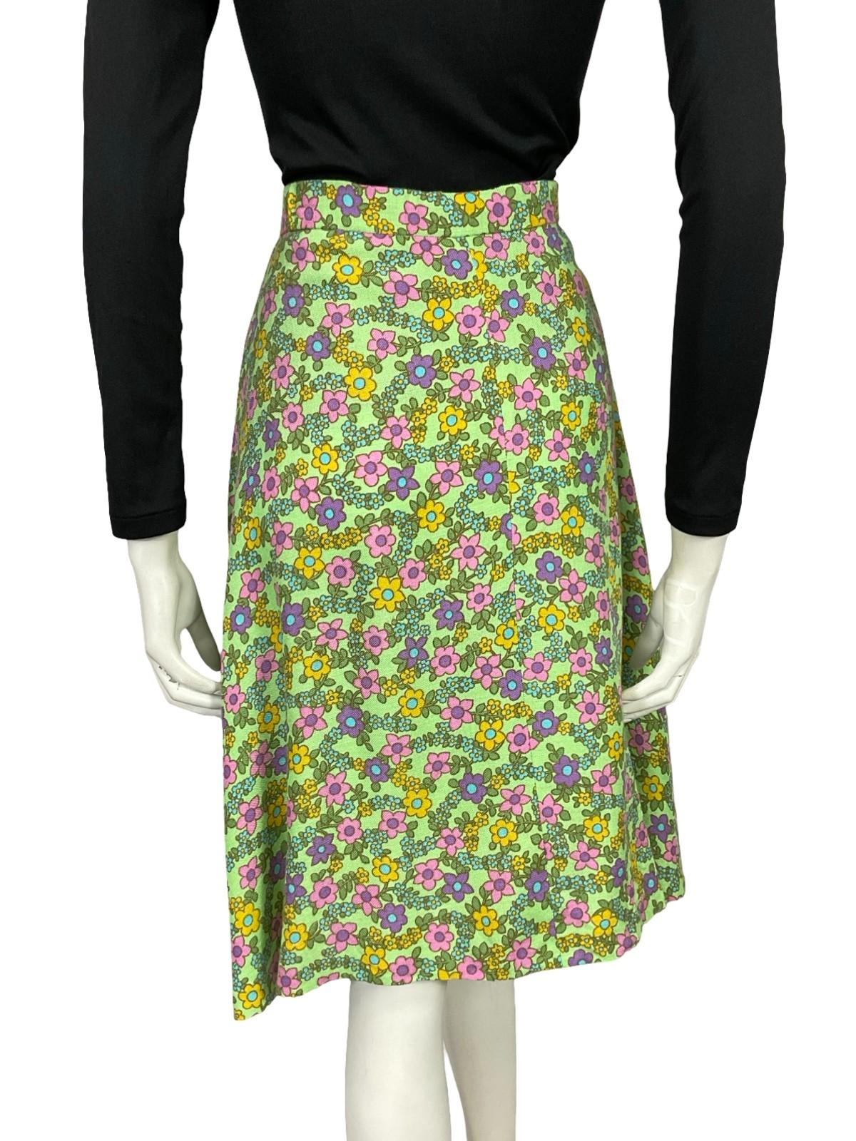 VTG 60S 70S MOD GREEN BLUE PURPLE PINK FLORAL A LINE MIDI SKIRT 8