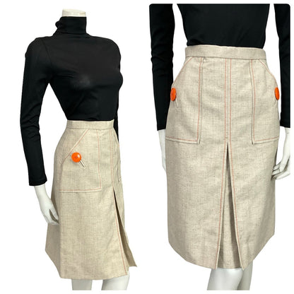 VTG 60S GERARD PASQUIER BEIGE BRIGHT ORANGE MOD CONTRAST STITCH PLEAT SKIRT 8