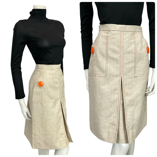 VTG 60S GERARD PASQUIER BEIGE BRIGHT ORANGE MOD CONTRAST STITCH PLEAT SKIRT 8