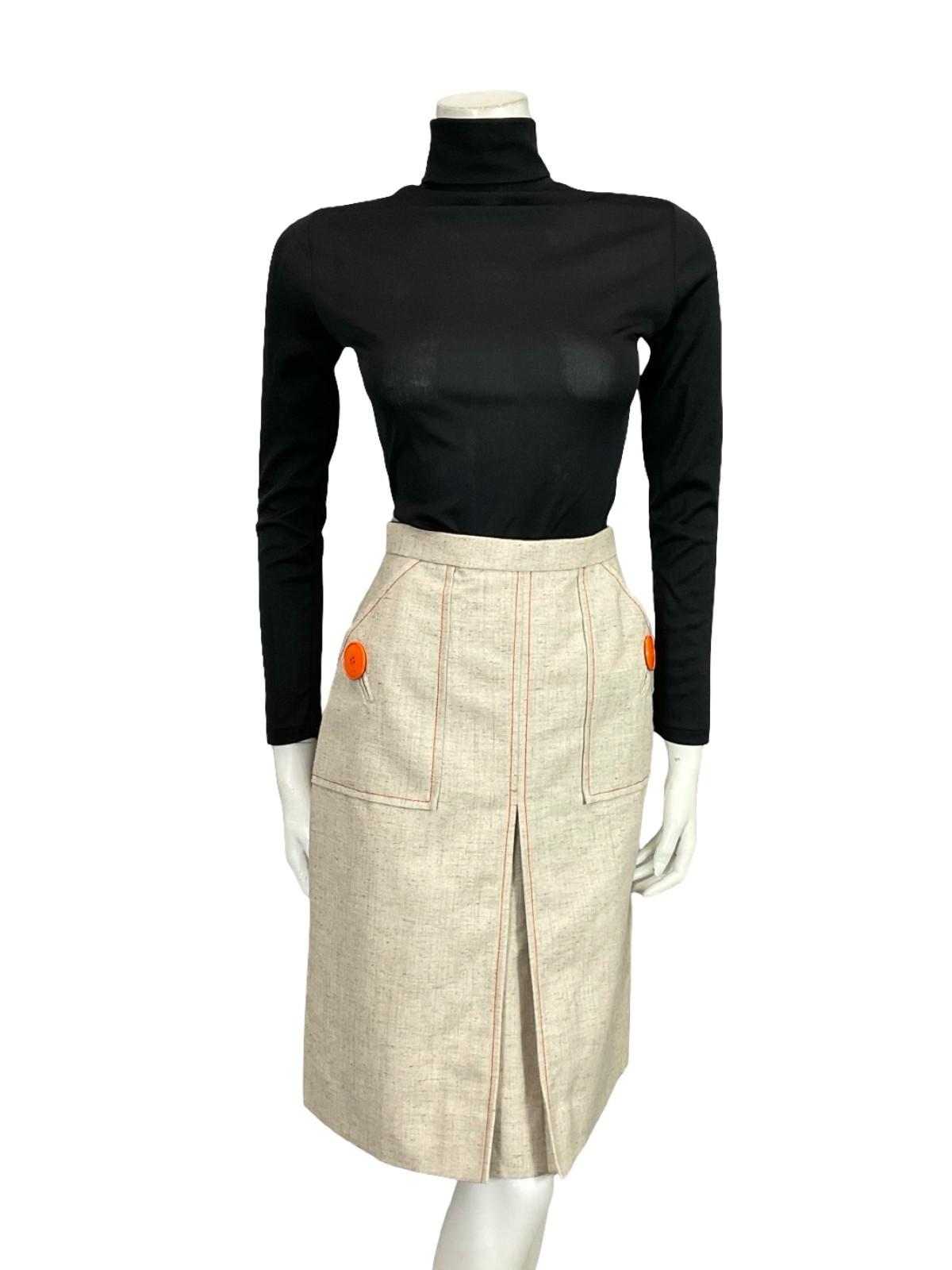 VTG 60S GERARD PASQUIER BEIGE BRIGHT ORANGE MOD CONTRAST STITCH PLEAT SKIRT 8
