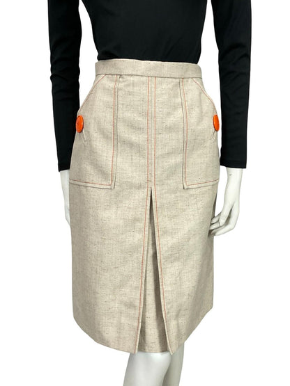 VTG 60S GERARD PASQUIER BEIGE BRIGHT ORANGE MOD CONTRAST STITCH PLEAT SKIRT 8