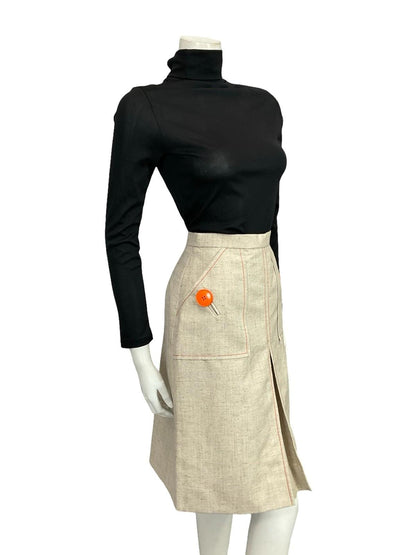 VTG 60S GERARD PASQUIER BEIGE BRIGHT ORANGE MOD CONTRAST STITCH PLEAT SKIRT 8