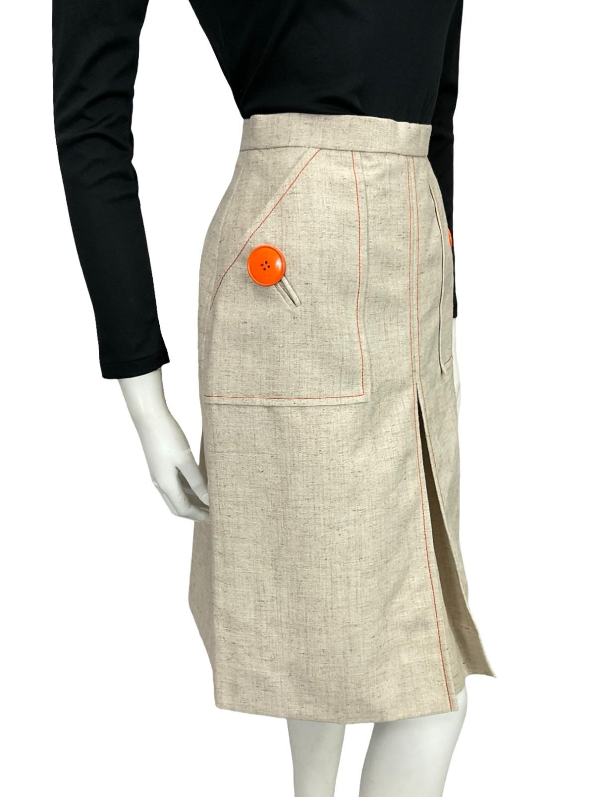 VTG 60S GERARD PASQUIER BEIGE BRIGHT ORANGE MOD CONTRAST STITCH PLEAT SKIRT 8