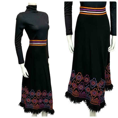 VTG 70S BLACK PURPLE ORANGE HIPPY WOOL FRINGE GEOMETRIC EMBROIDERED SKIRT 6 8
